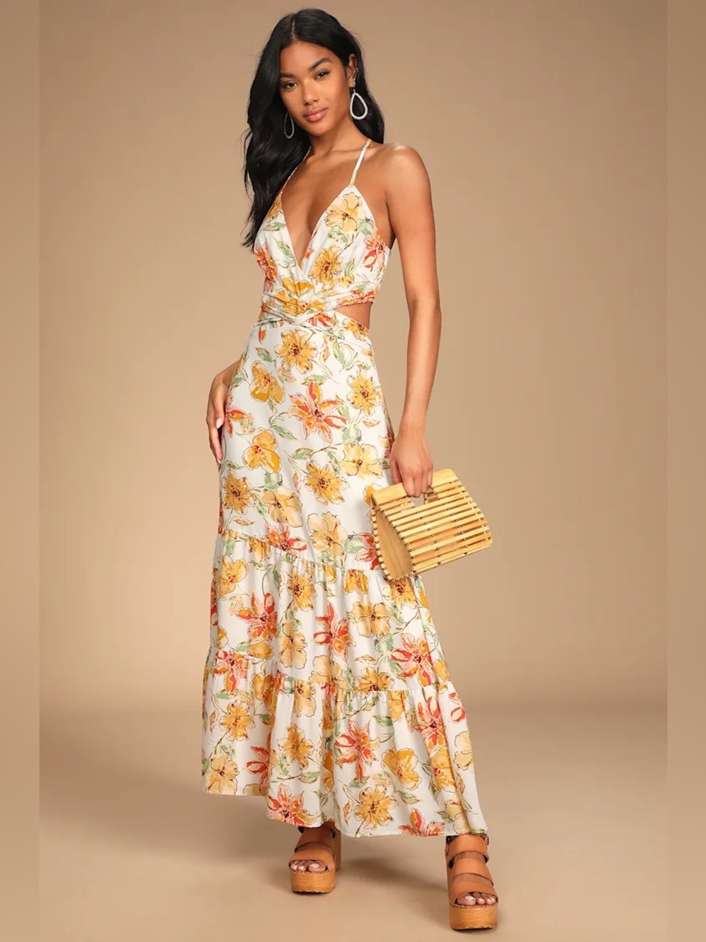 New Lulus Dream of Spring Ivory Floral Dress Cutout Waist Tie Back Top